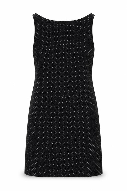 Front view of Mother Me women’s black polka dot polyester tank dress, size UK 8, scoop neck pullover - belted