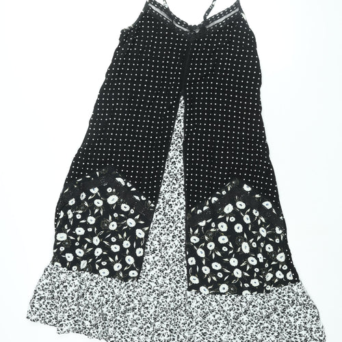 NEXT Womens Black Geometric Viscose Shift Size 14 Scoop Neck Lace Up - Lace Trim Panelled