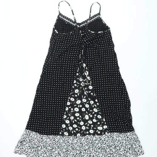 NEXT Womens Black Geometric Viscose Shift Size 14 Scoop Neck Lace Up - Lace Trim Panelled