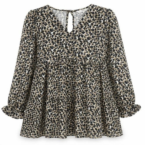 Marks and Spencer Girls Beige Animal Print Viscose A-Line Size 9-10 Years V-Neck Button - Smocked