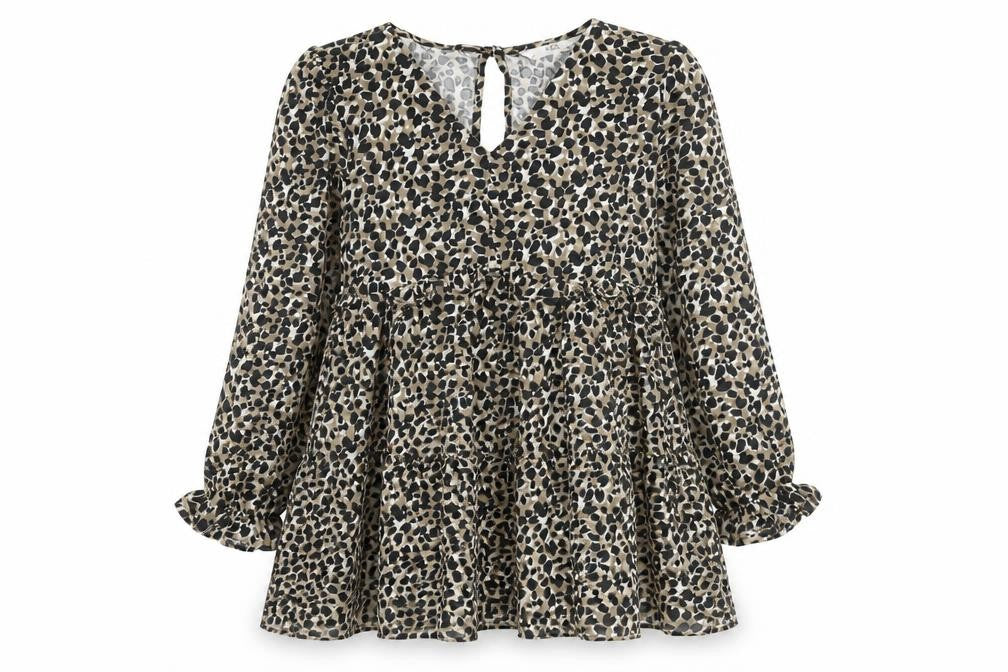 Marks and Spencer Girls Beige Animal Print Viscose A-Line Size 9-10 Years V-Neck Button - Smocked