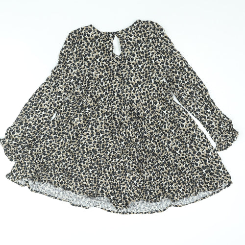 Marks and Spencer Girls Beige Animal Print Viscose A-Line Size 9-10 Years V-Neck Button - Smocked