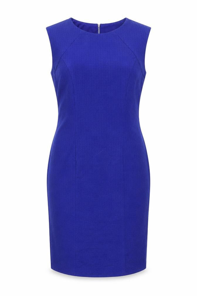 Front view of Julien Macdonald women’s blue polyester shift, size UK 14, round neck zip