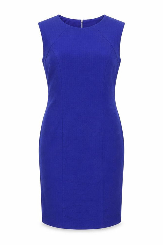 Front view of Julien Macdonald women’s blue polyester shift, size UK 14, round neck zip