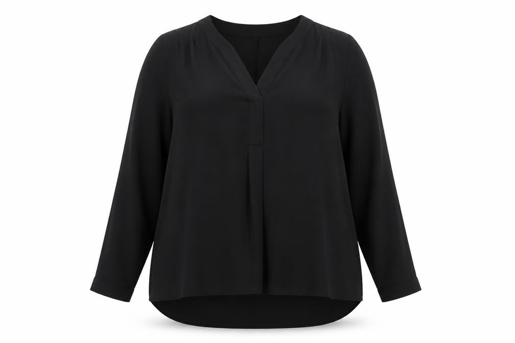 Front view of Arcadia women’s black polyester basic blouse, size UK 14, v-neck