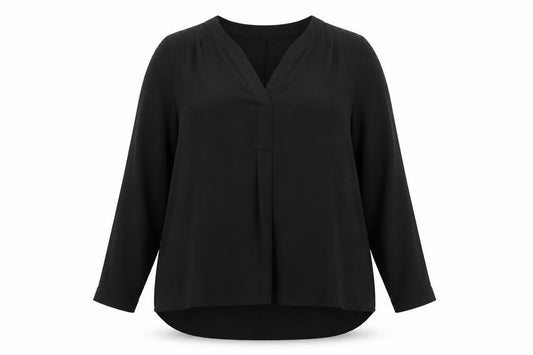 Front view of Arcadia women’s black polyester basic blouse, size UK 14, v-neck