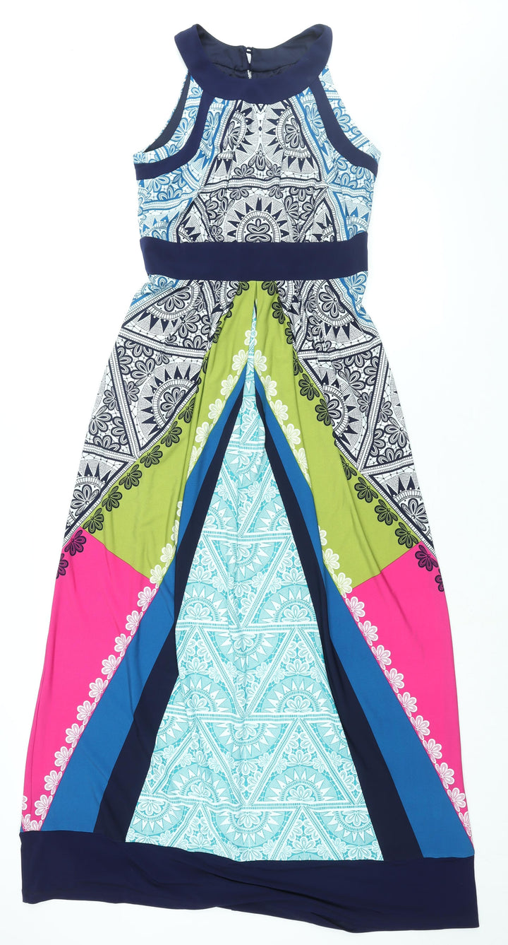 M&Co Womens Multicoloured Geometric Polyester Maxi Size 10 Round Neck Button