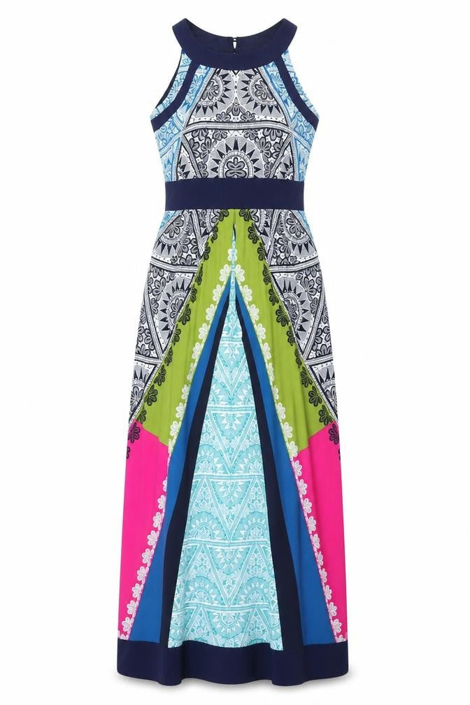 Front view of M&Co women’s multicoloured geometric polyester maxi, size UK 10, round neck button
