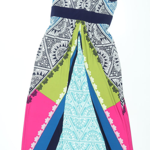 M&Co Womens Multicoloured Geometric Polyester Maxi Size 10 Round Neck Button