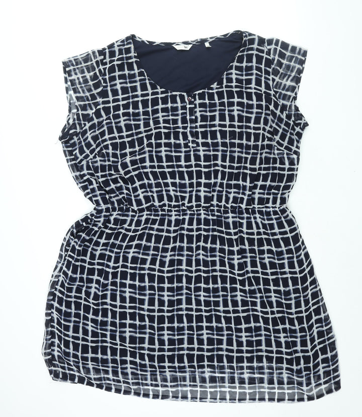Label Be Womens Blue Check Polyester Shift Size 18 Round Neck Button