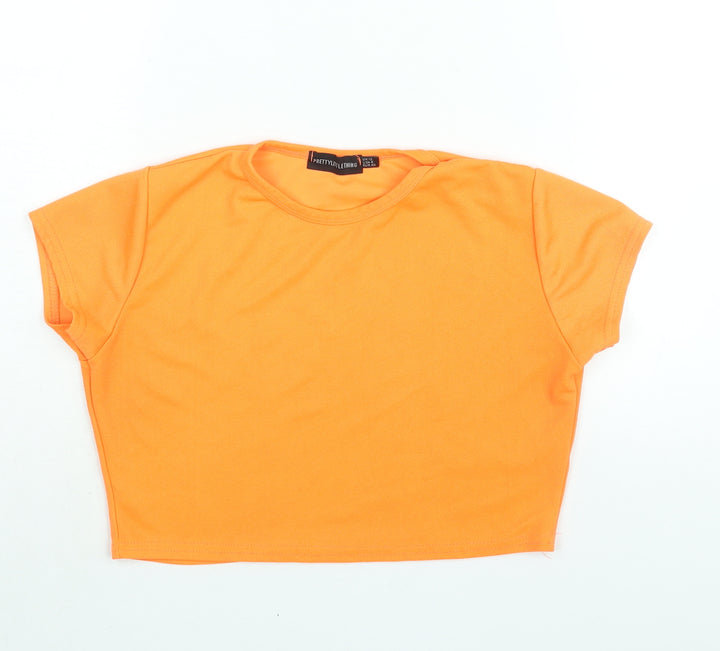 PRETTYLITTLETHING Womens Orange Polyester Cropped T-Shirt Size 12 Round Neck - Neon