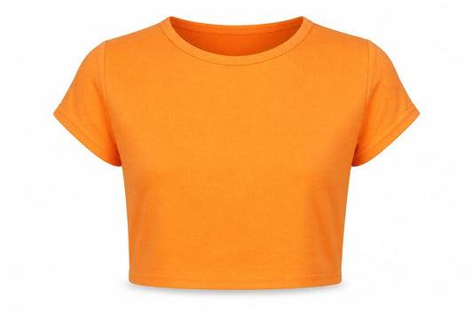 Front view of PRETTYLITTLETHING women’s orange polyester cropped t-shirt, size UK 12, round neck - neon