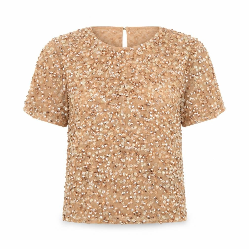 Front view of ASOS women’s pink polyester basic blouse, size UK 4, round neck - sequin
