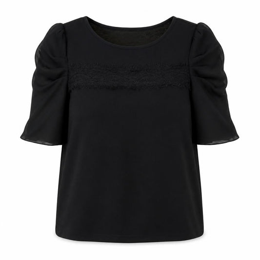 Front view of Next women’s black polyester basic blouse, size UK 12, round neck - lace trim
