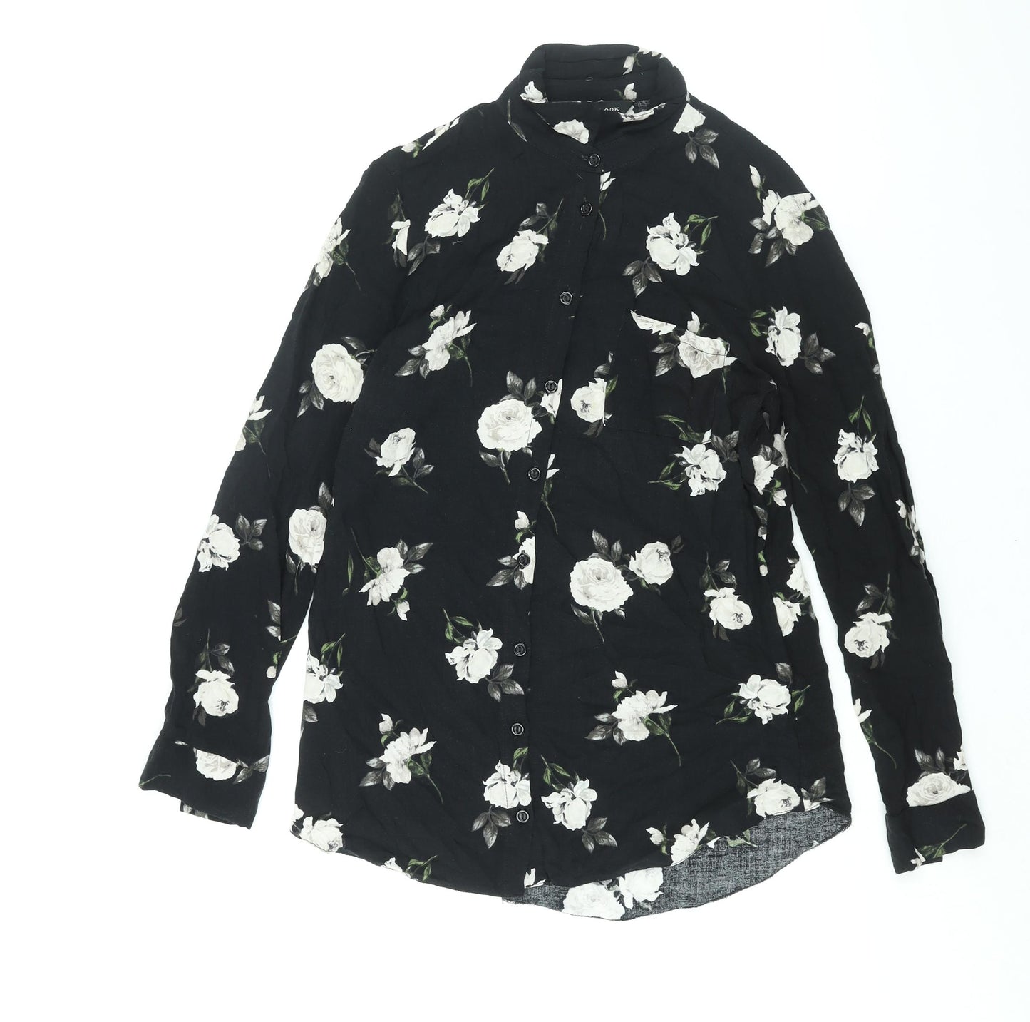 New Look Womens Black Floral Viscose Basic Button-Up Size 10 Collared
