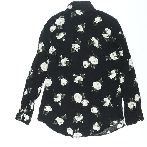 New Look Womens Black Floral Viscose Basic Button-Up Size 10 Collared