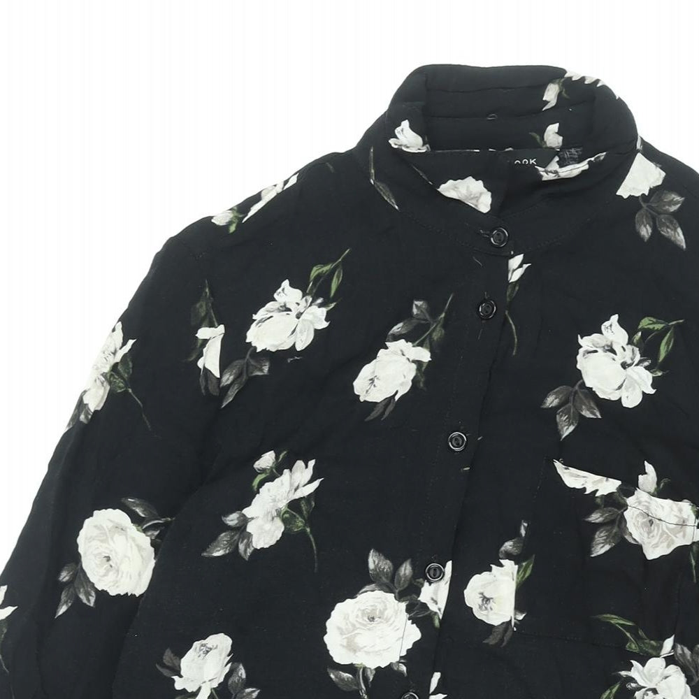 New Look Womens Black Floral Viscose Basic Button-Up Size 10 Collared