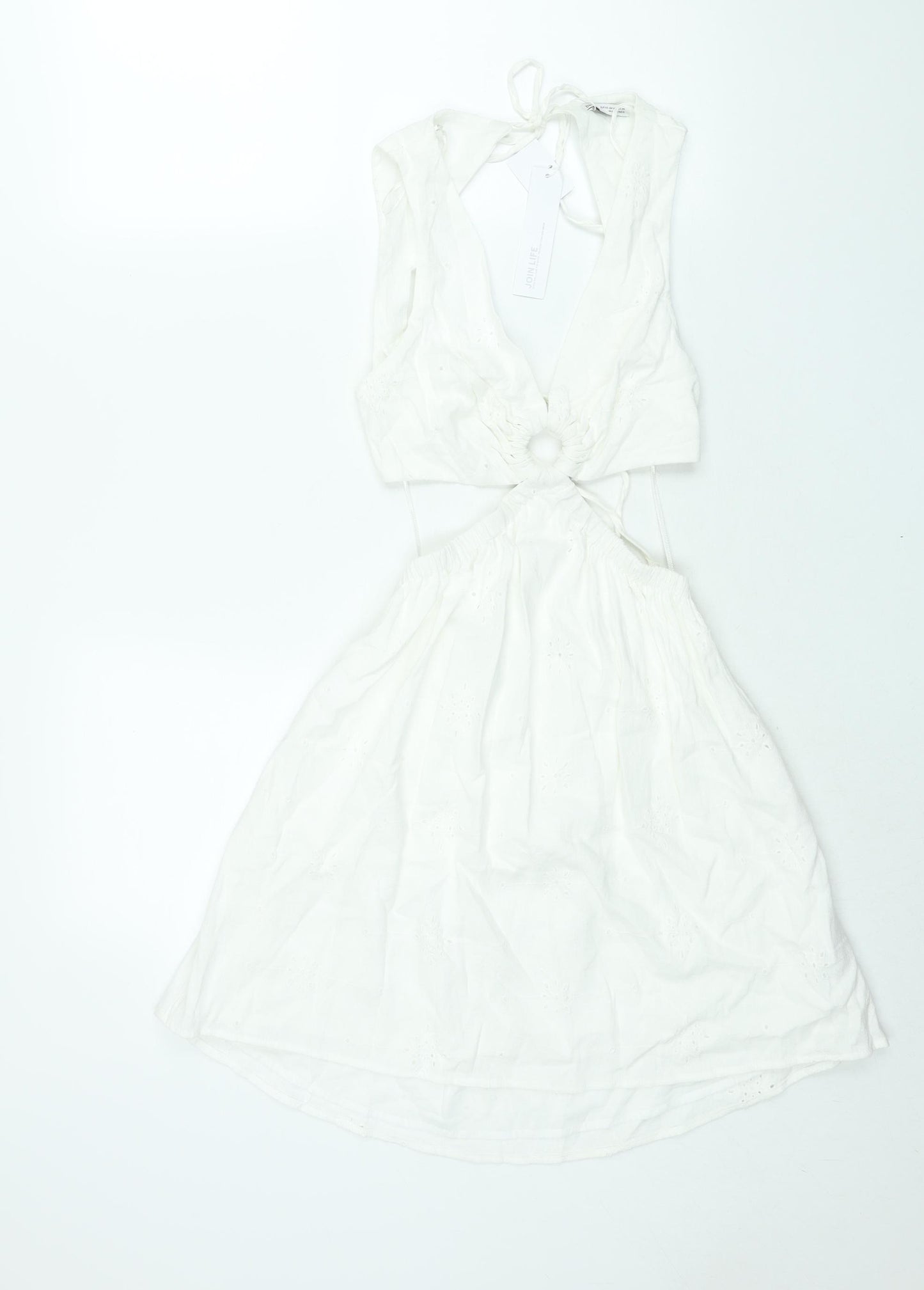 Berhska Womens White Cotton A-Line Size XS V-Neck Tie - Cut Out Embroidered