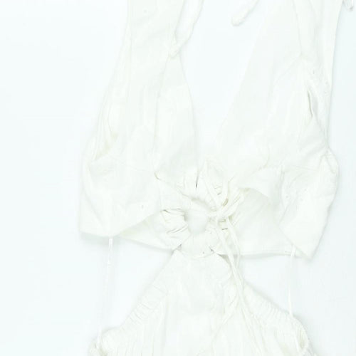 Berhska Womens White Cotton A-Line Size XS V-Neck Tie - Cut Out Embroidered