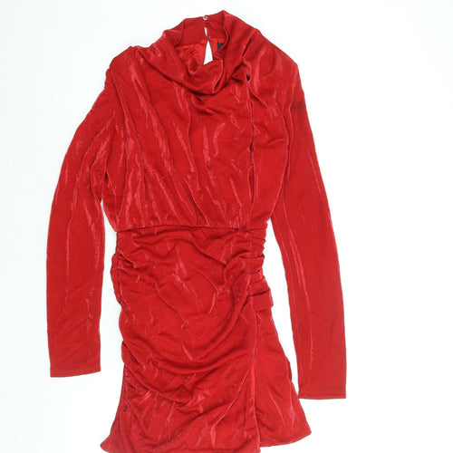 Berhska Womens Red Nylon Mini Size M Cowl Neck Button - Rouched Shoulder Pads