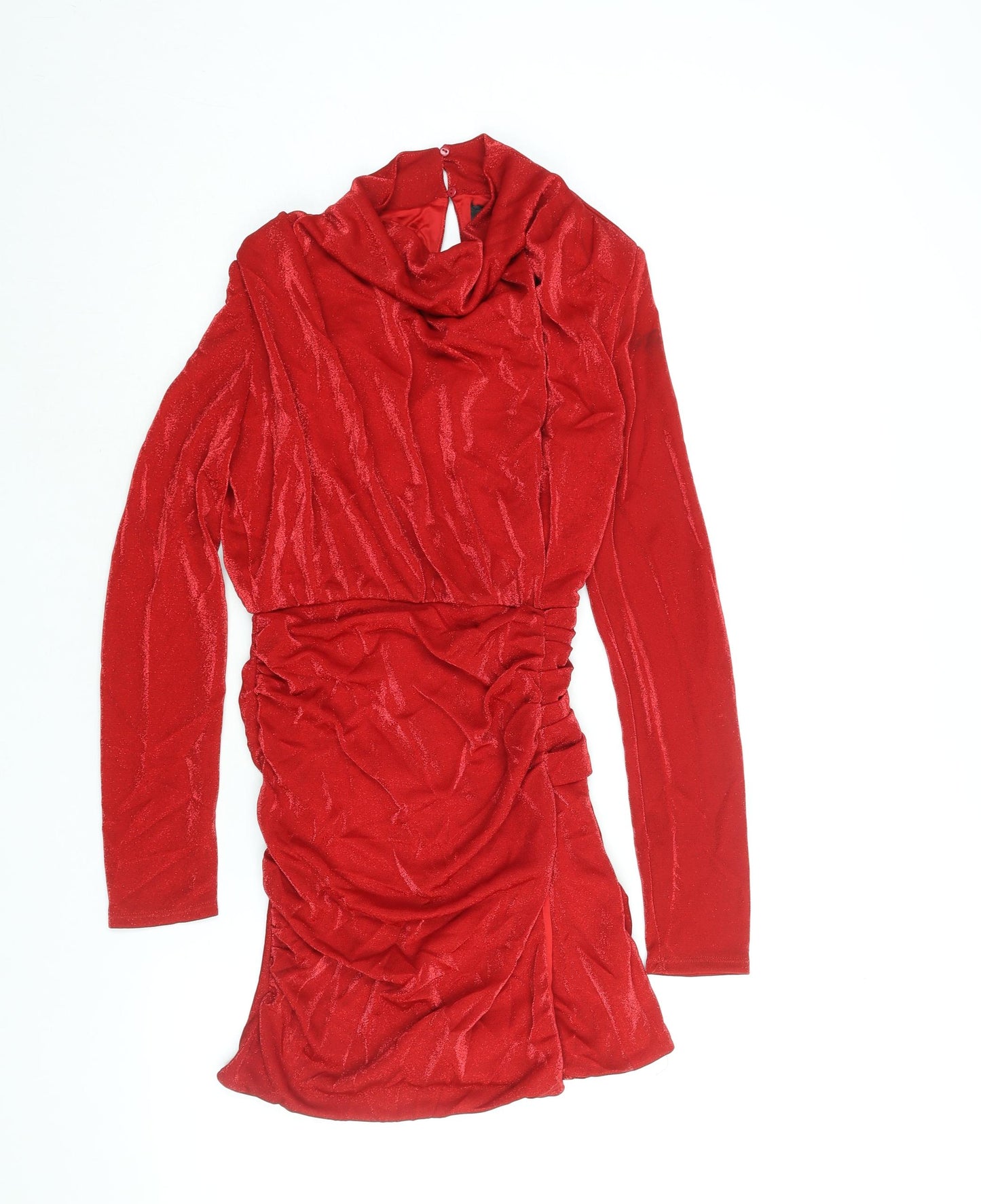 Berhska Womens Red Nylon Mini Size M Cowl Neck Button - Rouched Shoulder Pads