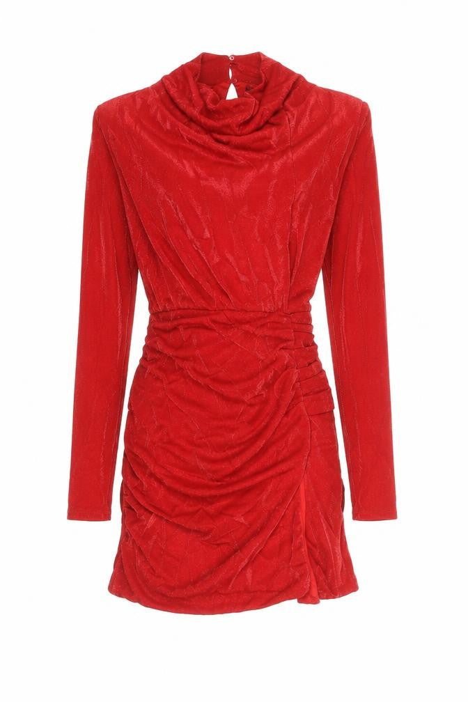 Front view of Berhska women’s red nylon mini, size M, cowl neck button - rouched shoulder pads