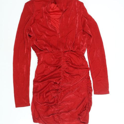 Berhska Womens Red Nylon Mini Size M Cowl Neck Button - Rouched Shoulder Pads