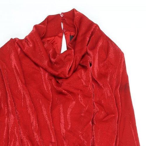 Berhska Womens Red Nylon Mini Size M Cowl Neck Button - Rouched Shoulder Pads