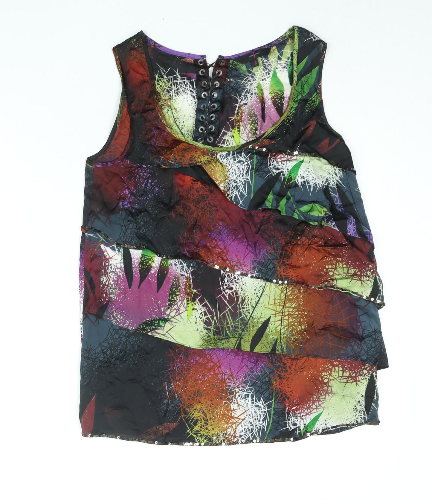 Jasper Conran Womens Multicoloured Geometric Polyester Camisole Blouse Size 8 Round Neck - Layered Sequin Trim