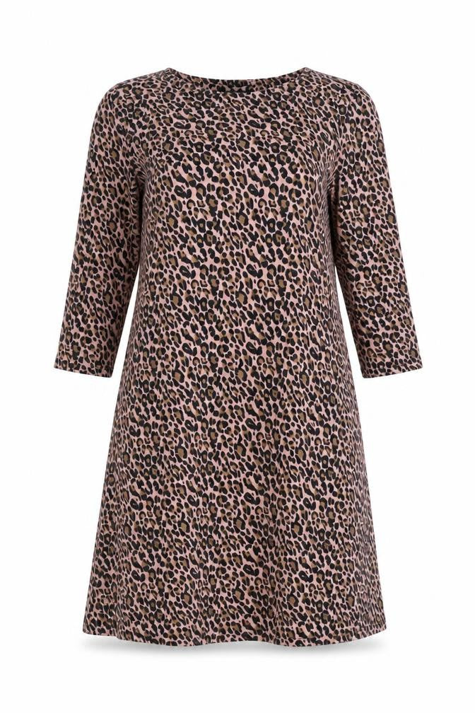 Front view of Capsule women’s pink animal print polyester shift, size UK 12, round neck pullover - leopard print