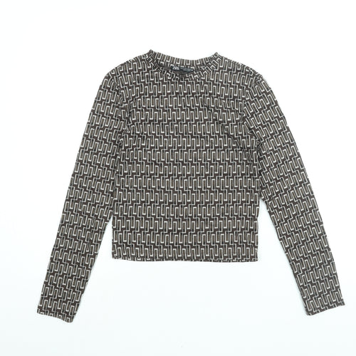 Zara Womens Brown Geometric Polyester Basic T-Shirt Size S Round Neck