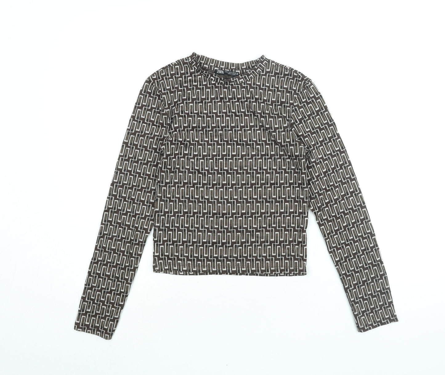 Zara Womens Brown Geometric Polyester Basic T-Shirt Size S Round Neck