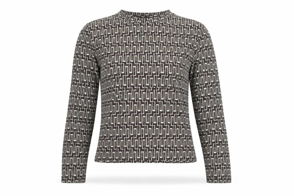 Front view of Zara women’s brown geometric polyester basic t-shirt, size S, round neck