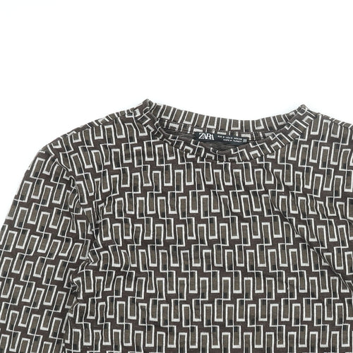 Zara Womens Brown Geometric Polyester Basic T-Shirt Size S Round Neck