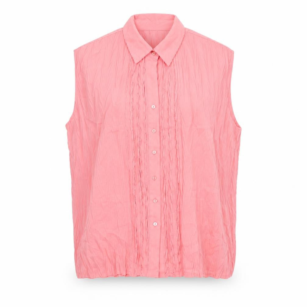 Front view of Bonmarché women’s pink polyester basic button-up, size UK 16, collared - crinkle look