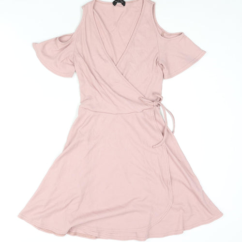 New Look Womens Pink Polyester Wrap Dress Size 8 Round Neck Tie - Cold Shoulder