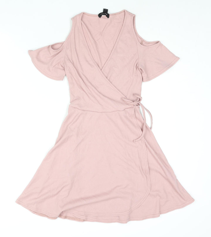New Look Womens Pink Polyester Wrap Dress Size 8 Round Neck Tie - Cold Shoulder