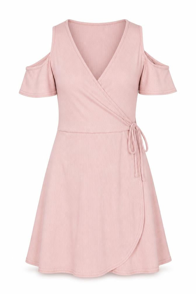 New Look Womens Pink Polyester Wrap Dress Size 8 Round Neck Tie - Cold Shoulder