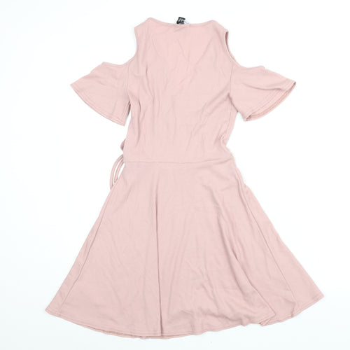 New Look Womens Pink Polyester Wrap Dress Size 8 Round Neck Tie - Cold Shoulder