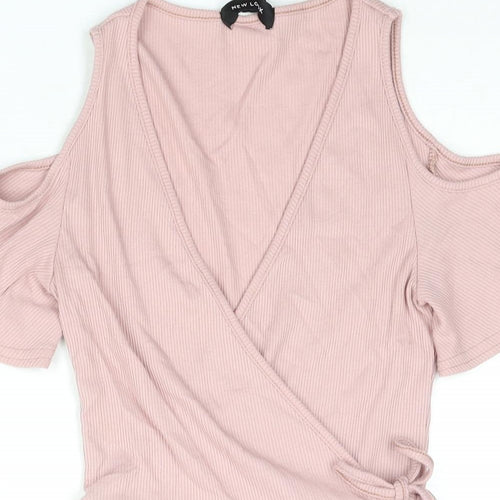 New Look Womens Pink Polyester Wrap Dress Size 8 Round Neck Tie - Cold Shoulder