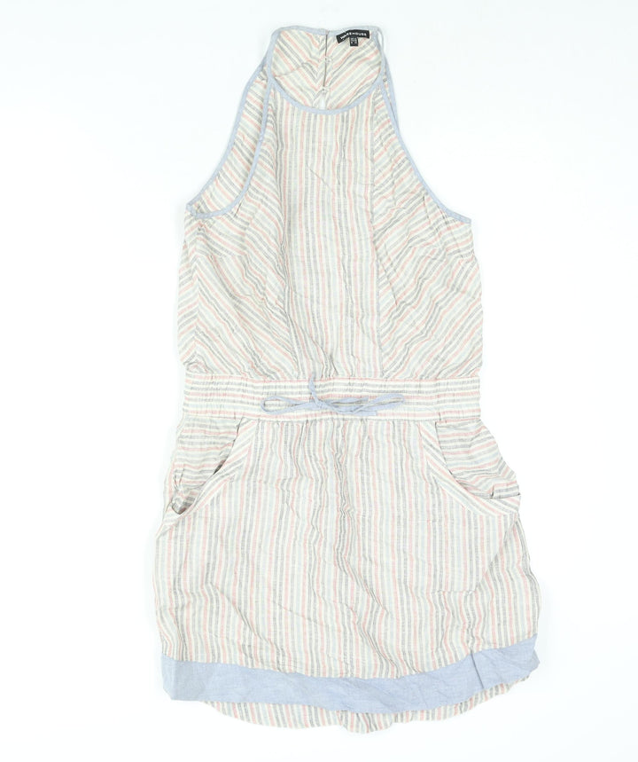 Warehouse Womens Multicoloured Animal Print Linen Shift Size 12 Round Neck Button - Drawstring Waist