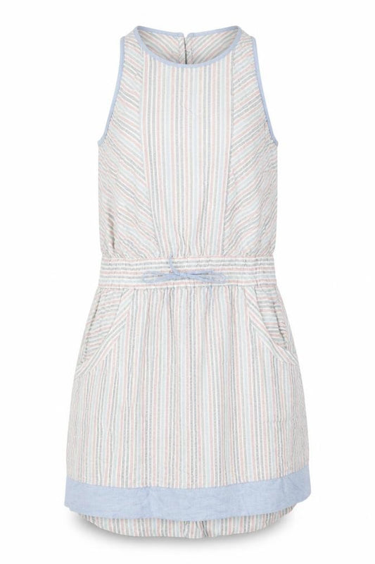 Front view of Warehouse women’s multicoloured animal print linen shift, size UK 12, round neck button - drawstring waist