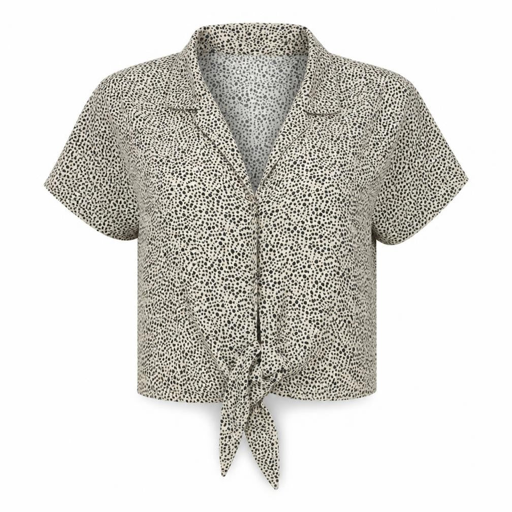 Front view of Brave Soul women’s beige geometric polyester basic blouse, size UK 16, collared - tie detail