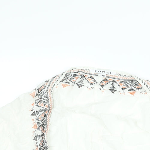 Glamorous Womens White Cotton Kimono Blouse Size XS V-Neck - Embroidered