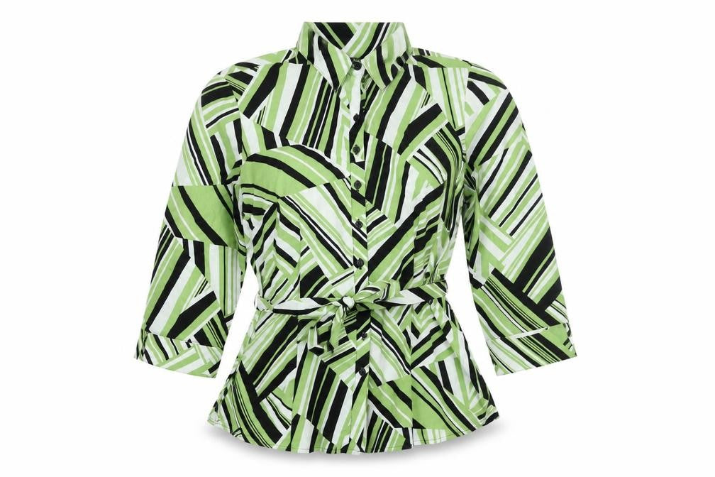 Blue Diamond Womens Green Geometric Polyester Basic Button-Up Size L Collared - Belted