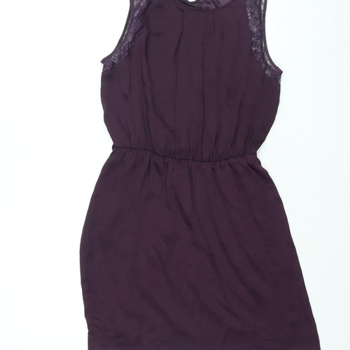 New Look Womens Purple Polyester Shift Size 12 Round Neck Button - Lace Detail