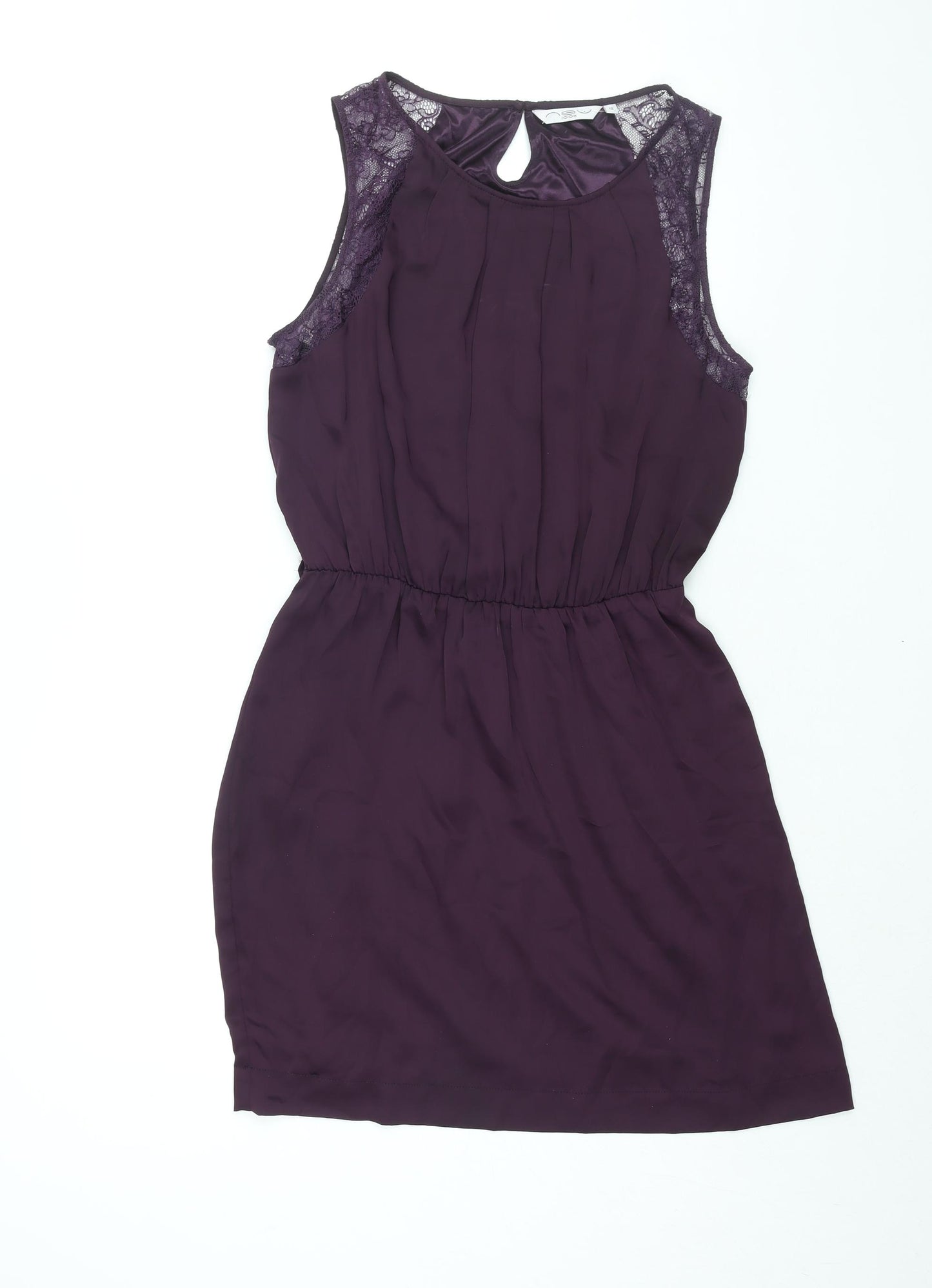 New Look Womens Purple Polyester Shift Size 12 Round Neck Button - Lace Detail