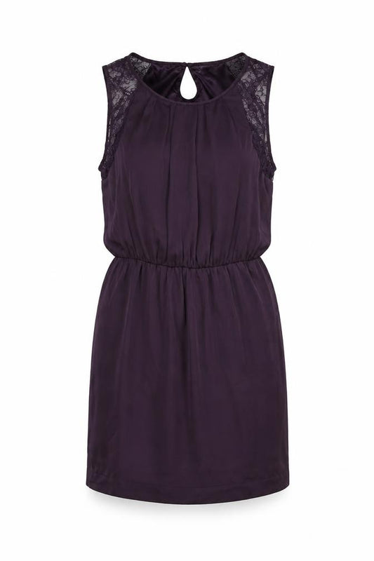 Front view of New Look women’s purple polyester shift, size UK 12, round neck button - lace detail