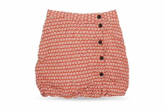 Front view of H&M women’s brown geometric viscose mini skirt, size UK 10, button