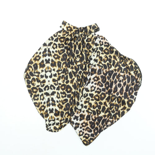PRETTYLITTLETHING Womens Beige Animal Print Polyester Cropped Blouse Size 8 Mock Neck - Wrap Style Leopard Print
